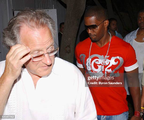 Director Michael Mann and Jamie Foxx are seen outside the Delano Hotel where they were having a party to kick off filming of "Miami Vice" on June 24,...