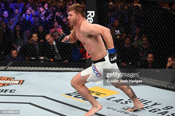 Stipe Miocic celebrates after defeating Fabricio Werdum of Brazil by KO in their UFC heavyweight championship bout during the UFC 198 event at Arena...