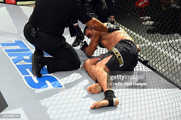 Fabricio Werdum of Brazil recovers after being knocked out by Stipe Miocic in their UFC heavyweight championship bout during the UFC 198 event at...