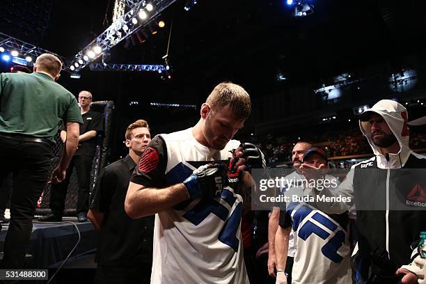 Stipe Miocic of the United States prepares to enter the Octagon before facing Fabricio Werdum of Brazil in their heavyweight bout during the UFC 198...