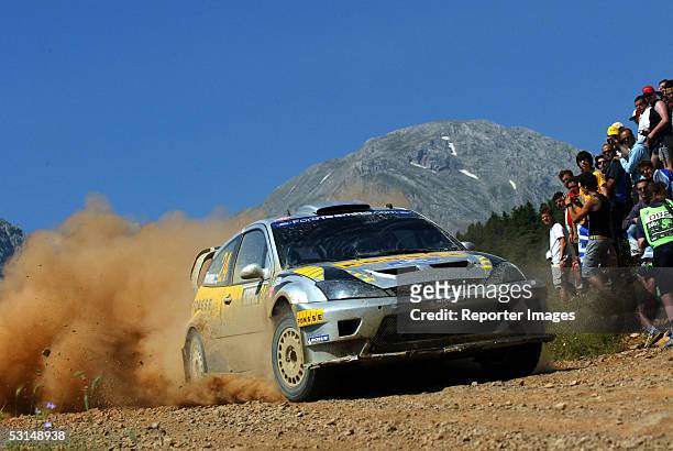 Mikko Hirvonen and Jarmo Lehtinen drive their Ford Focus during day two of the Acropolis Rally of Greece June 25, 2005 in Lamia, Greece.