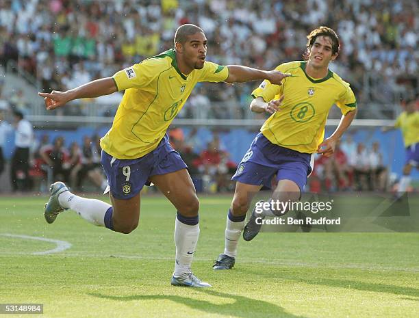 Adriano of Brazil celebrates after scoring Barazil's third goal during the 2005 FIFA Confederations Cup Semi Final match between Germany and Brazil...