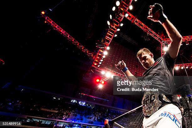 Stipe Miocic of the United States celebrates after defeating Fabricio Werdum of Brazil in their heavyweight bout during the UFC 198 at Arena da...