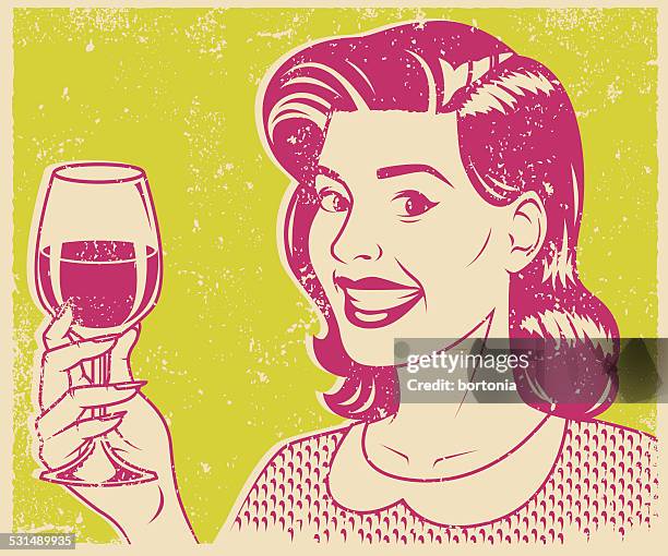 ilustraciones, imágenes clip art, dibujos animados e iconos de stock de retro mujer bebiendo vino pantalla de impresión de - drinking