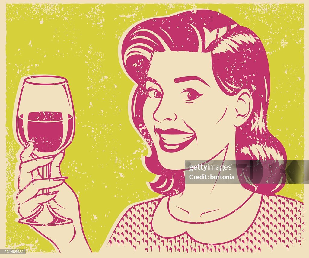 Retro Screen Print Woman Drinking Wine