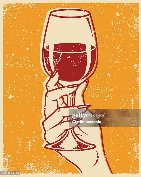 retro screen printed hand and wine glass - wineglass stock illustrations