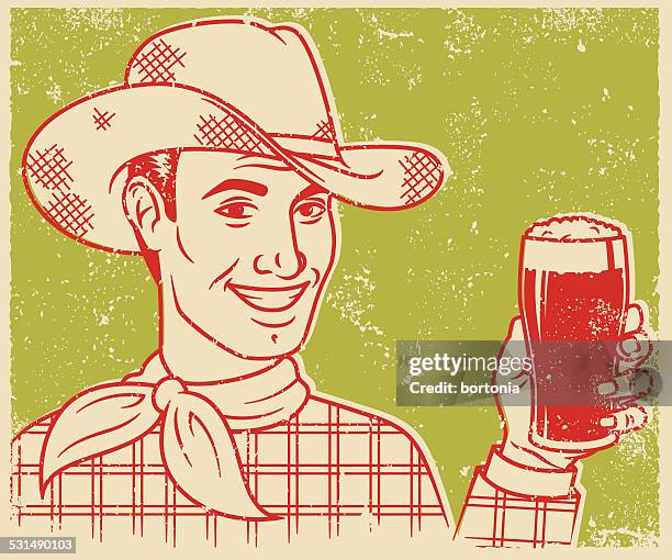retro screen print cowboy with beer - vintage cowboy stock illustrations