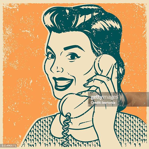 retro screen print woman on the phone - printing texture stock illustrations