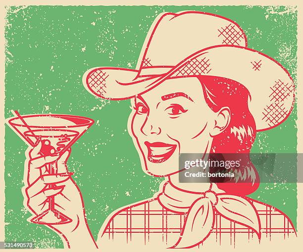 stockillustraties, clipart, cartoons en iconen met retro screen print cowgirl drinking a martini - dirty martini