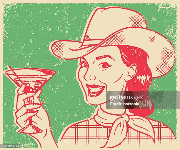 retro screen print cowgirl drinking a martini - cow girl stock illustrations