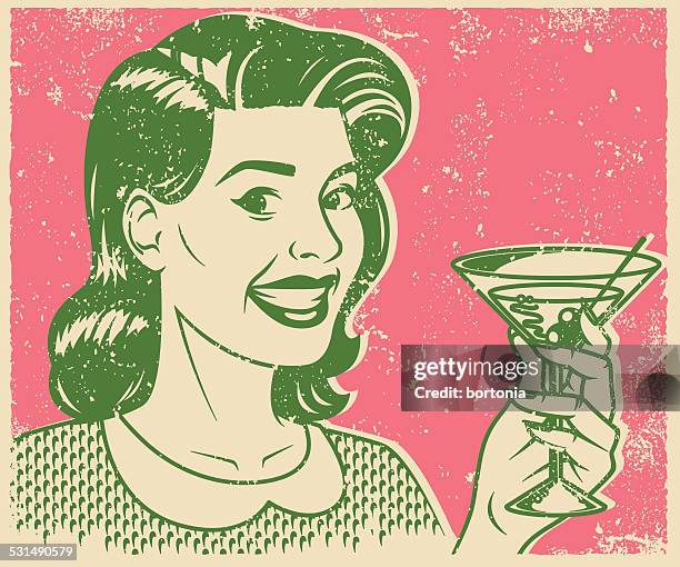 stockillustraties, clipart, cartoons en iconen met retro screen print woman drinking a martini - dirty martini