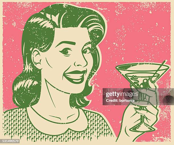 ilustrações, clipart, desenhos animados e ícones de retro mulher bebendo uma estampa de martíni - martini