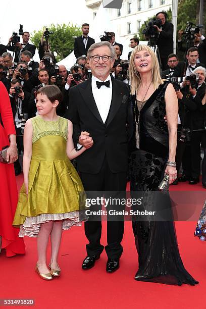 Kate Capshaw, Steven Spielberg and Ruby Barnhill attends "The BFG " premiere during the 69th annual Cannes Film Festival at the Palais des Festivals...