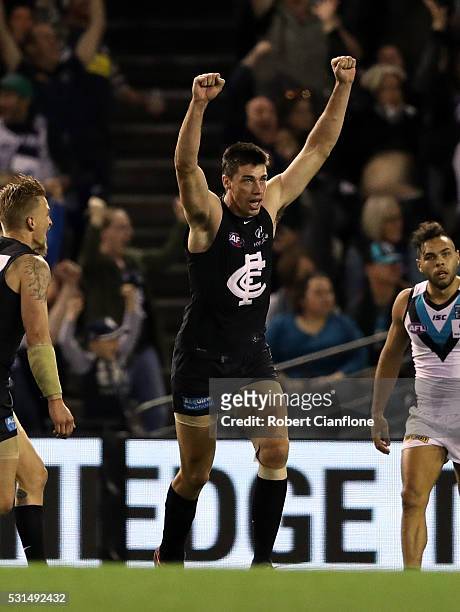 Matthew Kreuzer of the Blues celebrates a goal during the round eight AFL match between the Carlton Blues and Port Adelaide Power at Etihad Stadium...