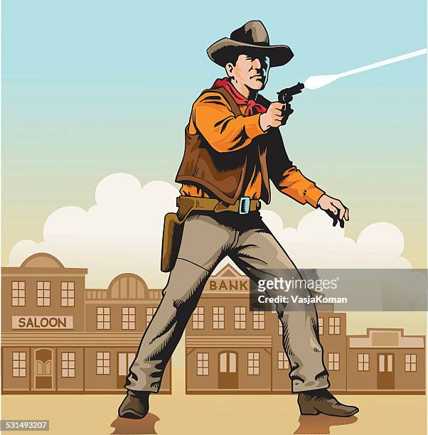 illustrazioni stock, clip art, cartoni animati e icone di tendenza di wild west in ai calci pistolero - cowboy gun
