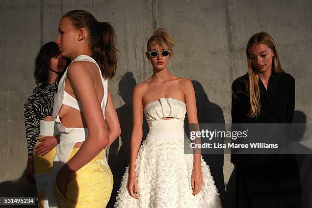 Models wait backstage ahead of the Mercedes-Benz Presents Maticevski show at Mercedes-Benz Fashion Week Resort 17 Collections at The Cutaway,...