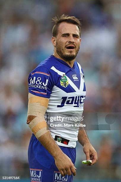 Josh Reynolds of the Bulldogs reacts to the crowd after an onfield incident during the round 10 NRL match between the Wests Tigers and the Canterbury...