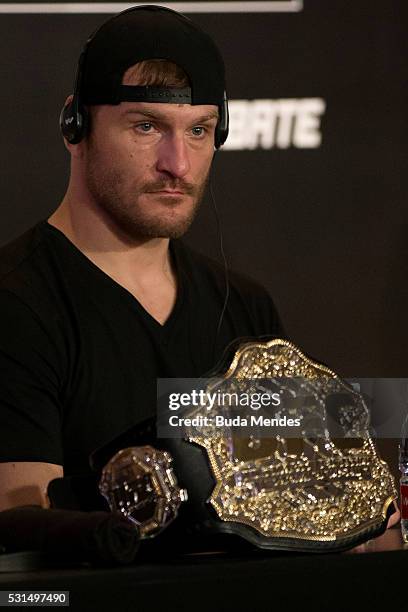 Stipe Miocic of the United States attends the media after after his fight against Fabricio Werdum in their heavyweight bout during the UFC 198 at...