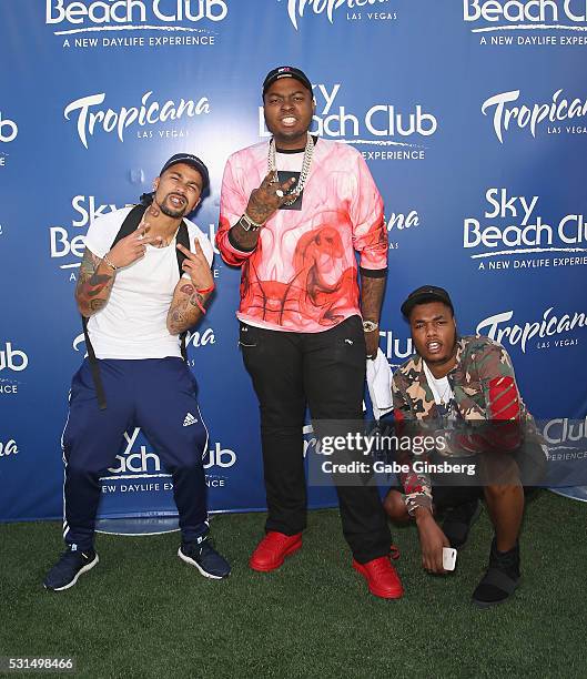 Rappers Kid Red, Sean Kingston and Jazz Lazer arrive at Sky Beach Club at the Tropicana Las Vegas on May 14, 2016 in Las Vegas, Nevada.