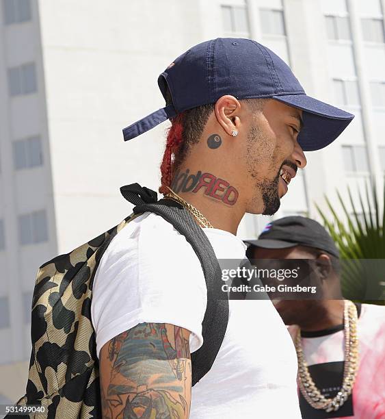 Rapper Kid Red, tattoos detail, performs at Sky Beach Club at the Tropicana Las Vegas on May 14, 2016 in Las Vegas, Nevada.