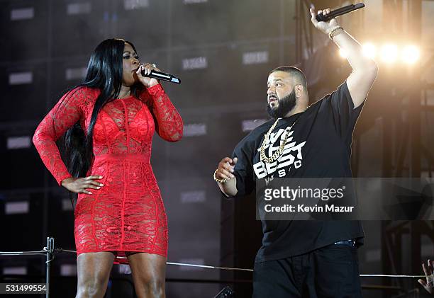 Recording artists Remy Ma and DJ Khaled perform onstage during "The Formation World Tour" at the Rose Bowl on May 14, 2016 in Pasadena, California.