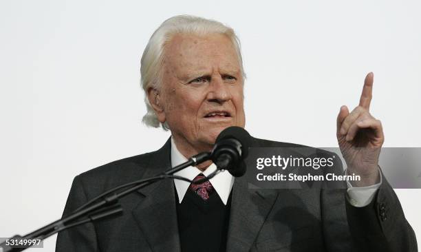 Billy Graham speaks during his Crusade at Flushing Meadows Corona Park June 25, 2005 in the Queens borough of New York. Flushing Meadows Corona Park...