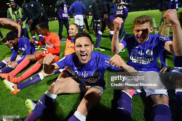 Adrien Regattin of Toulouse celebrates after the football french Ligue 1 match between Angers SCO and Toulouse FC on May 14, 2016 in Angers, France.