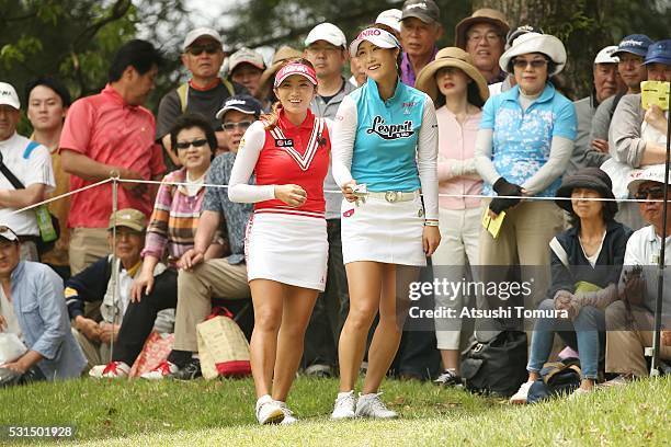 Ha-Neul Kim of South Korea Bo-Mee Lee of South Korea smile during the final round of the Hoken-no-Madoguchi Ladies at the Fukuoka Country Club Ishino...