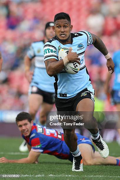 Ben Barba of the Sharks runs the ball during the round 10 NRL match between the Newcastle Knights and the Cronulla Sharks at Hunter Stadium on May...