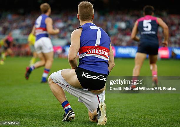 Lachie Hunter of the Bulldogs looks on with his shorts down during the 2016 AFL Round 08 match between the Melbourne Demons and the Western Bulldogs...