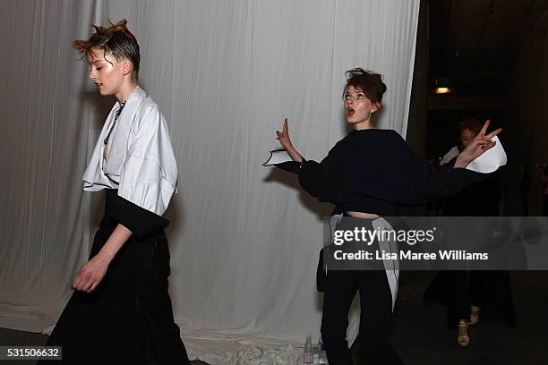 Models celebrate backstage following the Mercedes-Benz Presents Maticevski show at Mercedes-Benz Fashion Week Resort 17 Collections at The Cutaway,...