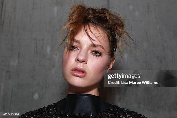 Model poses backstage ahead of the Mercedes-Benz Presents Maticevski show at Mercedes-Benz Fashion Week Resort 17 Collections at The Cutaway,...