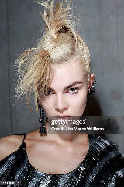 Model poses backstage ahead of the Mercedes-Benz Presents Maticevski show at Mercedes-Benz Fashion Week Resort 17 Collections at The Cutaway,...