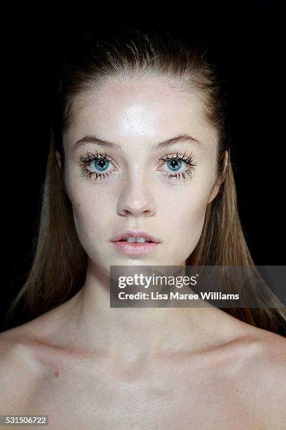 Model poses backstage ahead of the Mercedes-Benz Presents Maticevski show at Mercedes-Benz Fashion Week Resort 17 Collections at The Cutaway,...