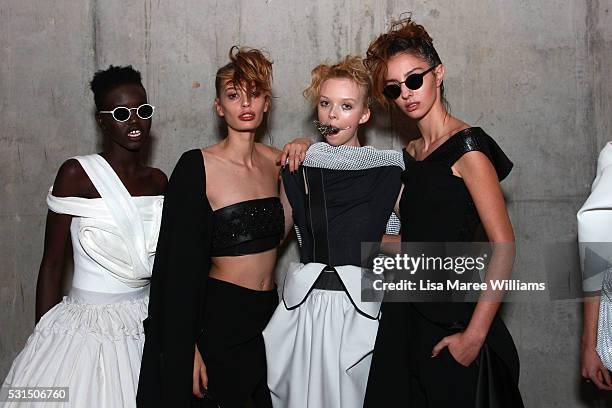 Models pose backstage ahead of the Mercedes-Benz Presents Maticevski show at Mercedes-Benz Fashion Week Resort 17 Collections at The Cutaway,...