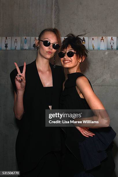 Models pose backstage ahead of the Mercedes-Benz Presents Maticevski show at Mercedes-Benz Fashion Week Resort 17 Collections at The Cutaway,...