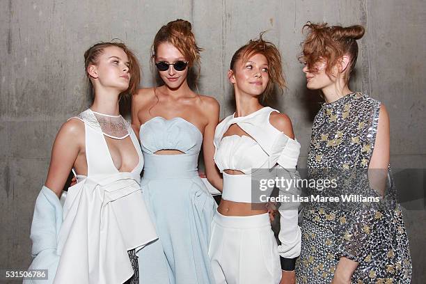 Models pose backstage ahead of the Mercedes-Benz Presents Maticevski show at Mercedes-Benz Fashion Week Resort 17 Collections at The Cutaway,...