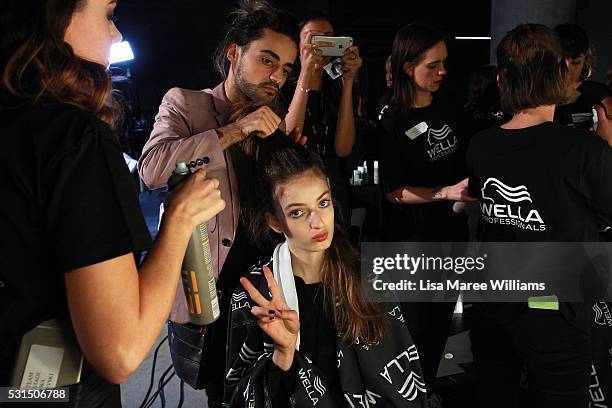 Model prepares backstage ahead of the Mercedes-Benz Presents Maticevski show at Mercedes-Benz Fashion Week Resort 17 Collections at The Cutaway,...