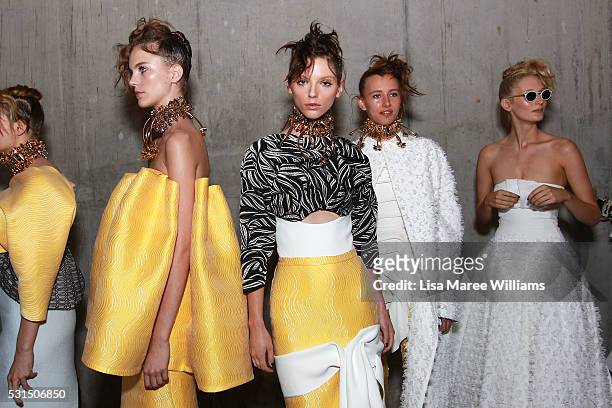 Models pose backstage ahead of the Mercedes-Benz Presents Maticevski show at Mercedes-Benz Fashion Week Resort 17 Collections at The Cutaway,...