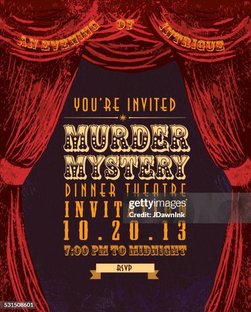 illustrations, cliparts, dessins animés et icônes de dîner murder mystery le théâtre de design vintage invitation template - rideau de scène