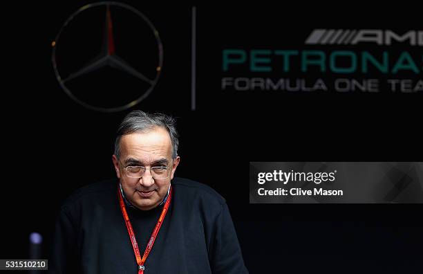 Sergio Marchionne, CEO of FIAT and Chairman of Ferrari outside the Mercedes GP garage ahead of the Spanish Formula One Grand Prix at Circuit de...