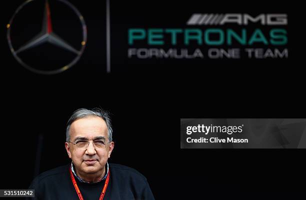 Sergio Marchionne, CEO of FIAT and Chairman of Ferrari outside the Mercedes GP garage ahead of the Spanish Formula One Grand Prix at Circuit de...