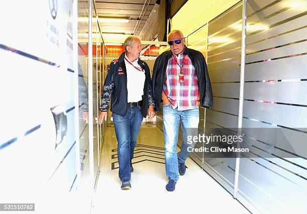 Red Bull Racing Team Consultant Dr Helmut Marko talks to Dietrich Mateschitz, Red Bull owner in the Red Bull Racing garage during the Spanish Formula...