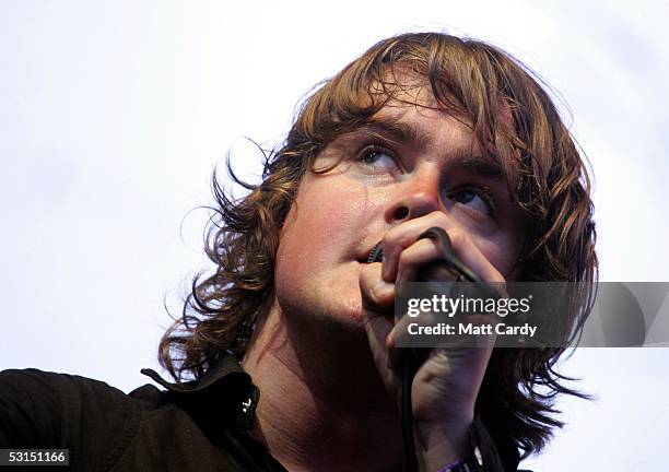 Keane perform on the Pyramid Stage, on the second day of the Glastonbury Music Festival 2005 at Worthy Farm, Pilton on June 25, 2005 in Somerset,...