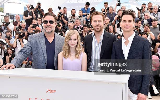 Actors Russell Crowe, Angourie Rice, Ryan Gosling and Matt Bomer attend "The Nice Guys" photocall during the 69th annual Cannes Film Festival at the...