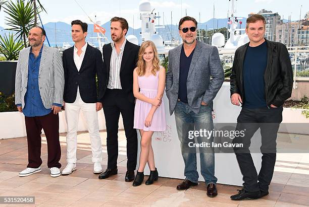 Producer Joel Silver, actors Matt Bomer Ryan Gosling, Angourie Rice, Russell Crowe and director Shane Black attend "The Nice Guys" photocall during...