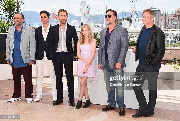 Producer Joel Silver, actors Matt Bomer Ryan Gosling, Angourie Rice, Russell Crowe and director Shane Black attend "The Nice Guys" photocall during...