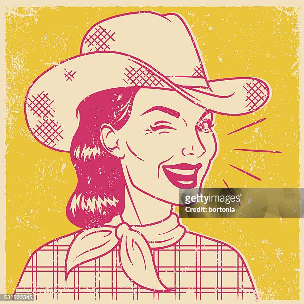stockillustraties, clipart, cartoons en iconen met retro screen print of a winking cowgirl - pretty brunette woman cartoon