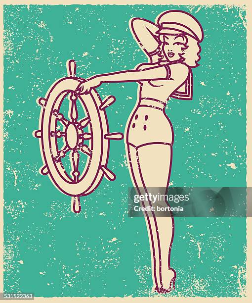 retro screen print of a tattoo style sailor pinup - pin up girl stock illustrations