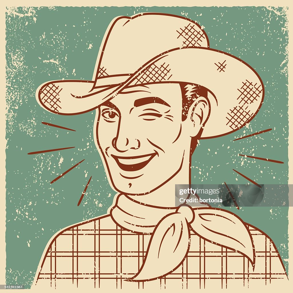 Retro Screen Print of Smiling Cowboy